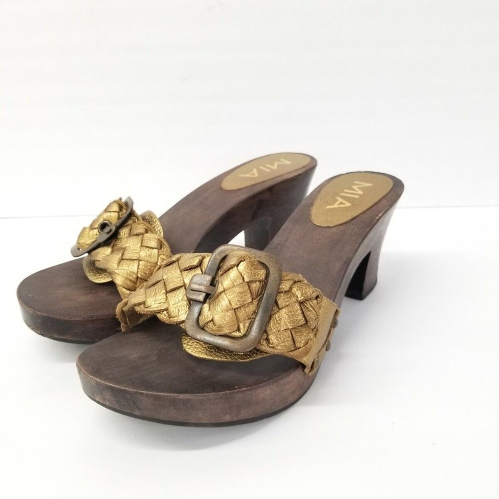 MIA Gold Metallic Leather Wood Sz 8 7.5 Braided Heels Platform 70s Style